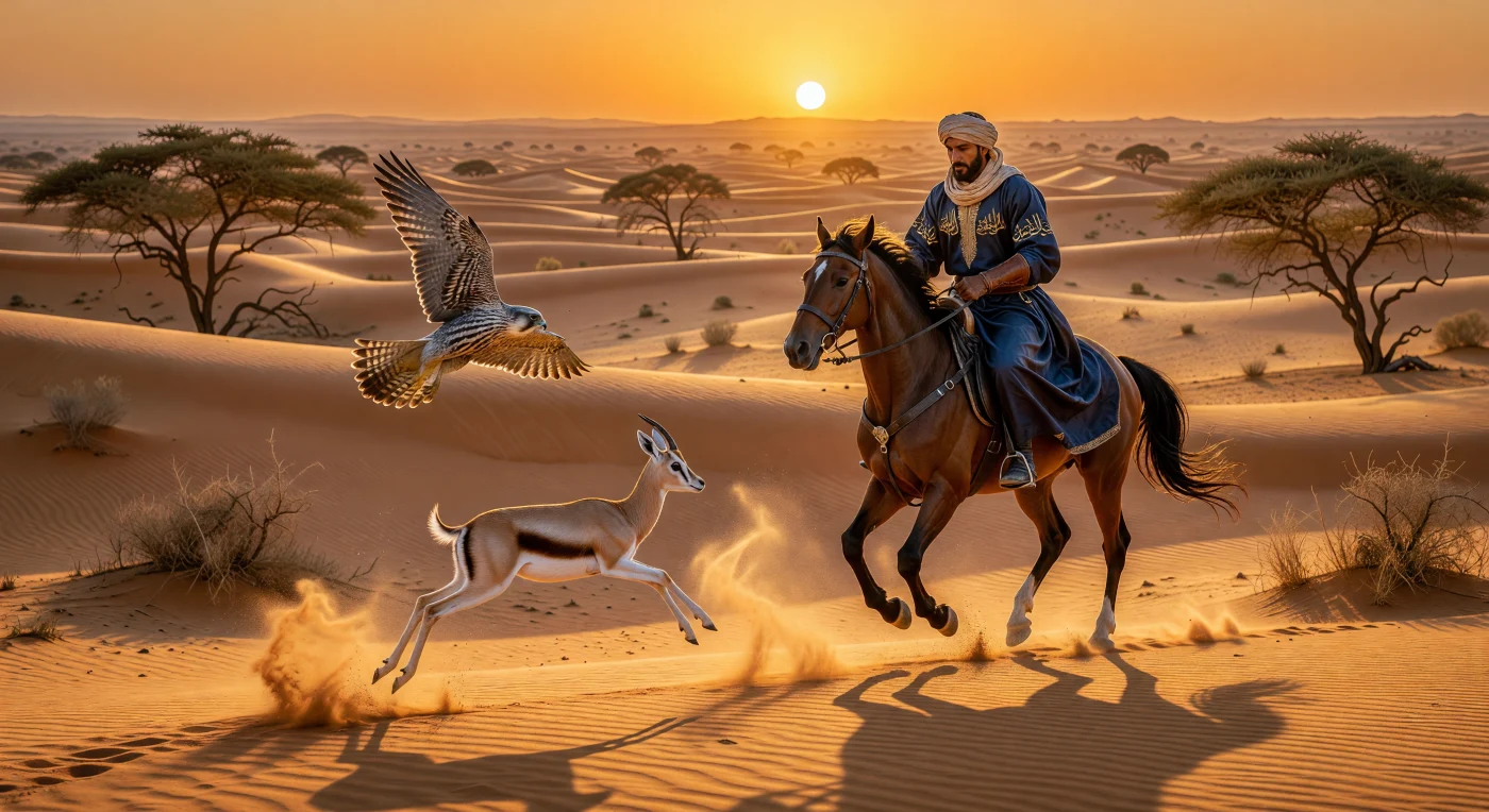This scene depicts a high-status 12th-century Arab huntsman observing a Saker falcon as it dives toward a fleeing sand gazelle amidst the dunes of the Arabian Peninsula. Falconry was a cornerstone of noble life in the Islamic world during the High Middle Ages, functioning as a sophisticated sport and a symbol of authority often celebrated in contemporary poetry and art. The huntsman’s indigo silk kaftan, adorned with *tiraz* bands featuring Kufic calligraphy, reflects the era's flourishing textile industry and the intricate social hierarchies of the Ayyubid and Seljuk periods.