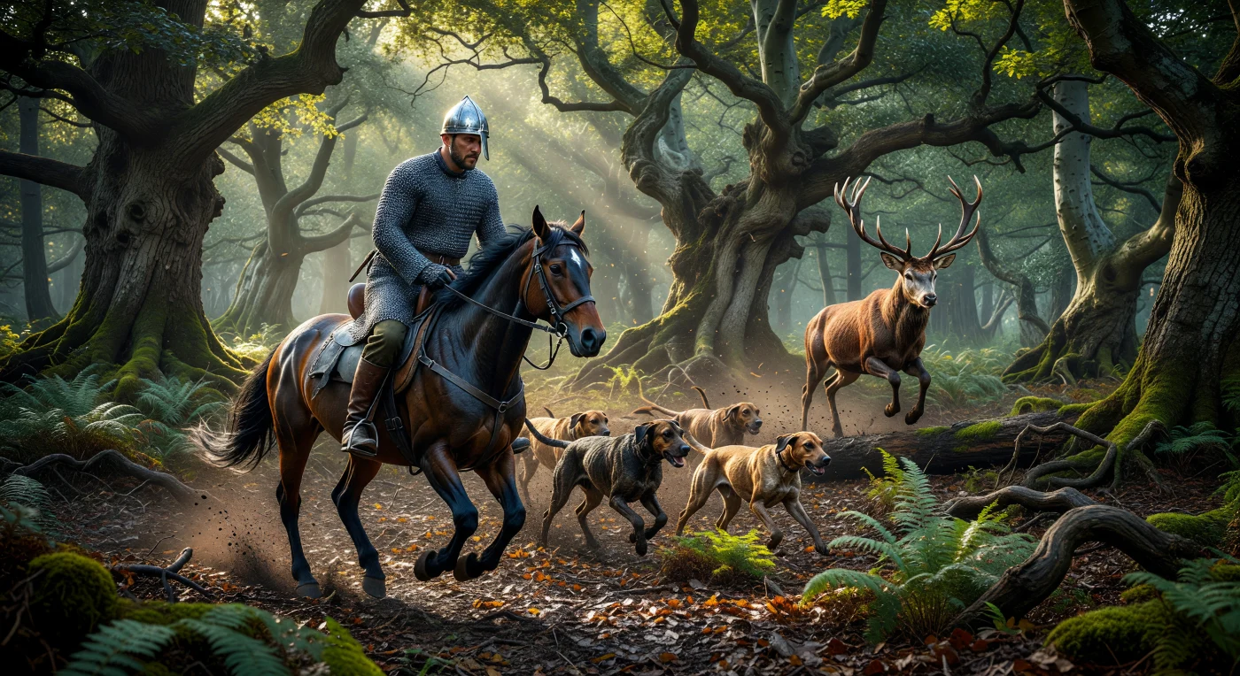 En esta recreación de una cacería real en la Inglaterra normanda del siglo XI, un noble ataviado con una loriga de malla y el característico casco cónico galopa a través de un frondoso bosque de robles tras la pista de un ciervo rojo. La escena ilustra el vigor del Óptimo Climático Medieval, donde la luz del sol se filtra entre el espeso follaje mientras una jauría de alanos, ancestros de los perros de caza modernos, lidera la persecución por el sotobosque. Esta actividad no era solo un deporte, sino un rito de estatus y entrenamiento militar fundamental para la aristocracia feudal que consolidó el poder normando tras la conquista de 1066.