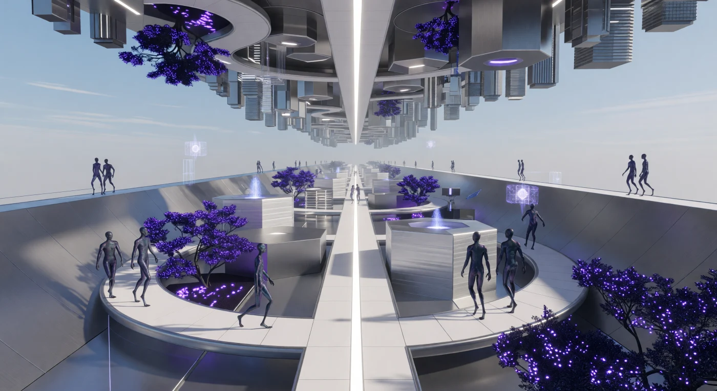 Inside the 50-kilometer-long hull of a Nomad world-ship, the urban landscape of the Interstellar Dawn (3000–5000 CE) unfolds in a non-Euclidean curve toward a central plasma filament. This closed-loop ecosystem supports the Voids-Kin, a divergent human lineage including the spindly, low-gravity "Elongated" and the radiation-resistant "Lithomorphs" with cellular membranes reinforced by carbon nanotubes. Engineered fractal "Aero-Forests" with bioluminescent violet leaves process atmosphere, while modular architecture reconfigures via nanobots to meet the shifting needs of a civilization traveling through the deep vacuum between stars.