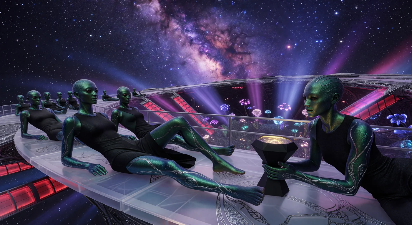 Set within the Sagittarian Spire roughly one million years into the future, this scene depicts Seeder-Kin—genetically engineered post-humans—utilizing chlorophyll-synthetic skin to absorb the intense radiation of the inner Milky Way’s dense star clusters. Their bodies feature intricate lead-ion subdermal filigree to shield against cosmic rays, while they consume high-density plasma slurry from vessels crafted of non-reflective carbon nanotubes. In the distance, the upward curve of a Shell World and glowing megastructure radiator fins highlight the advanced thermodynamic engineering required to sustain life in the high-energy environment of the galactic core.