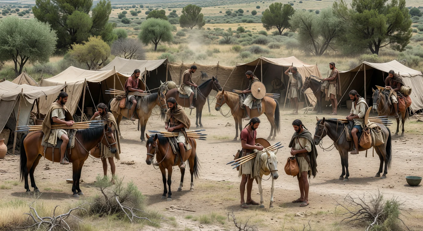 Numidian horsemen prepare their mounts in a temporary field camp on the dry grasslands of North Africa in the late 3rd to early 2nd century BC. Dressed in simple wool cloaks and belted tunics, and carrying bundles of light javelins with small leather shields, these riders reflect the mobile warfare for which Numidian cavalry became famous during the age of Carthage and Rome. Hide tents, pack donkeys, and sparse Punic trade goods underscore a society shaped by pastoral lifeways, regional exchange, and rapid movement across the Maghreb interior.