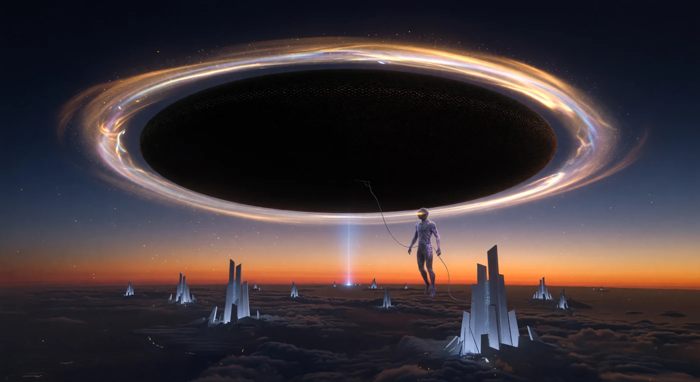 Set during the 22nd-century era known as The Convergence (c. 2100–2200 CE), this scene illustrates the total integration of human biology with planetary-scale engineering. The "Obsidian Disc," a massive carbon-composite transport vessel, hovers in the stratosphere, its Alcubierre-drive creating a shimmering gravitational lens that distorts the light of the setting sun. Below, a technician equipped with a bio-integrated Synaptic Weave monitors the "White Towers"—colossal atmospheric calcifiers designed to scrub carbon from the troposphere—demonstrating the era's mastery over both neural architecture and global climate systems.