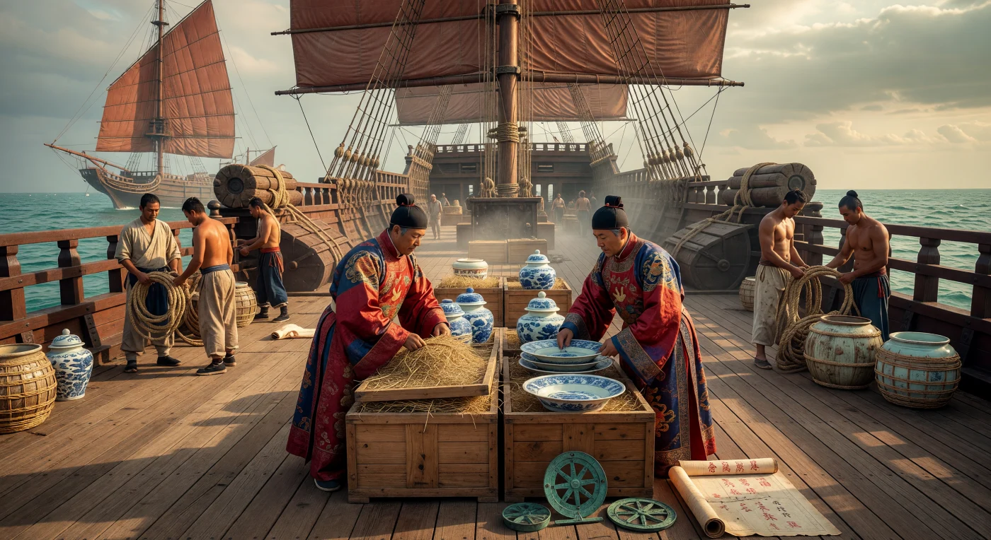 No convés de teca de um colossal navio-tesouro da dinastia Ming, oficiais em luxuosos trajes de seda inspecionam caixas de porcelana azul e branca sob a luz dourada do entardecer. No início do século XV, durante o reinado do imperador Yongle, estas frotas monumentais de nove mastros representavam o auge da sofisticação marítima chinesa, cruzando oceanos para projetar o poder imperial e estabelecer rotas comerciais sem precedentes. A cena ilustra a vasta escala da engenharia naval da época, destacando as icônicas velas reforçadas por bambu e a organização logística que conectava o Oriente à África e ao Sudeste Asiático.