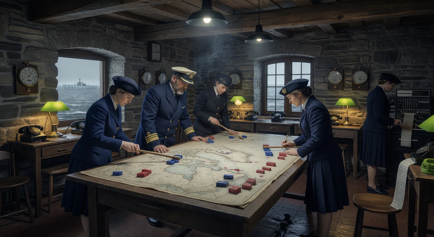 En esta sala de operaciones en la ciudad de Quebec, oficiales de la Marina Real Canadiense y especialistas del Servicio Naval Femenino (WRCNS) coordinan meticulosamente el movimiento de los convoyes aliados a través del peligroso Atlántico Norte en 1943. Sobre una gran mesa de trazado, los operarios utilizan varas de madera para posicionar marcadores que representan barcos mercantes y "manadas de lobos" de submarinos alemanes, una labor estratégica vital para burlar el bloqueo naval del Eje. La escena, iluminada por lámparas de banquero en un entorno de piedra histórica, captura la intensa atmósfera de la logística militar que permitió el flujo constante de suministros hacia Europa durante la Segunda Guerra Mundial.