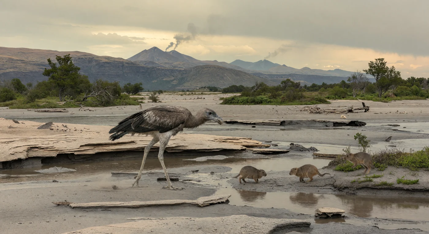 Sur une plaine d’inondation de Patagonie à la fin de l’Éocène, il y a environ 37 à 34 millions d’années, un grand phorusrhacidé — un « oiseau-terreur » de près de 1,8 mètre, proche de forms comme Andalgalornis ou de ses parents patagoniens plus anciens — avance dans la boue cendreuse, le bec crochu braqué sur de petits Notostylops. Ces notongulés trapus, de la taille d’un lapin, comptaient parmi les mammifères emblématiques de l’Amérique du Sud isolée du Paléogène, bien avant l’arrivée des faunes modernes. Autour d’eux, des bosquets clairsemés de Nothofagus, des chenaux chargés de cendres et les volcans fumants des proto-Andes rappellent qu’un monde chaud, humide et volcanique façonnait alors les écosystèmes du sud de Gondwana.
