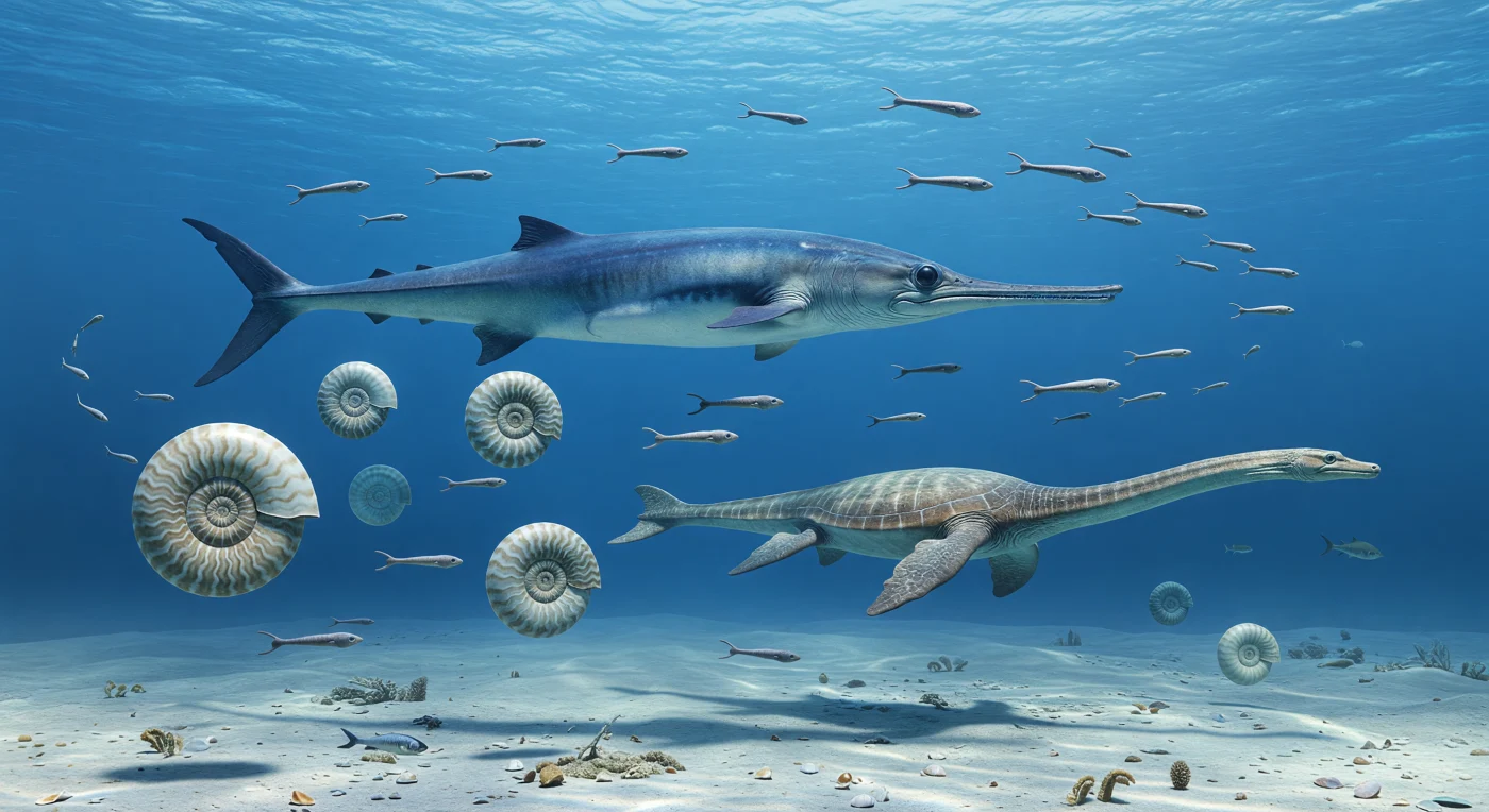 In the clear offshore waters of the Late Jurassic, about 160–150 million years ago, an Ophthalmosaurus sweeps through a shoal of Hibolites belemnites while ribbed Perisphinctes ammonites drift nearby above a pale carbonate seafloor. Below, the long-necked plesiosaur Cryptoclidus glides over the outer shelf, its broad body and four powerful flippers contrasting with the ichthyosaur’s streamlined, fishlike form. This scene captures a typical marine ecosystem of the western Tethyan–European shelf in Laurasia, where cephalopods and fast-swimming marine reptiles thrived in warm epicontinental seas.