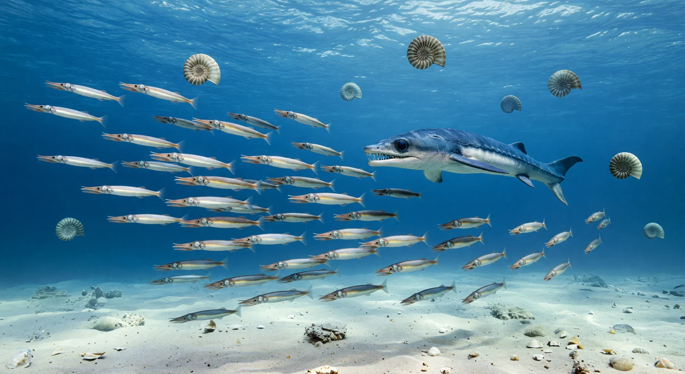 In a clear warm shelf sea of the Middle to Late Jurassic, roughly 165–150 million years ago, a shoal of belemnites such as Belemnopsis and Hibolithes darts through sunlit blue water as an Ophthalmosaurus sweeps in pursuit, its enormous eyes adapted for keen vision underwater. Farther off, ribbed Cardioceras ammonites drift in the water column above a pale carbonate seafloor, illustrating the rich cephalopod life of the western Tethys and European epicontinental seas. This scene captures a dynamic marine ecosystem in which fast-swimming ichthyosaurs hunted among abundant squid-like invertebrates in the tropical seas of the Jurassic world.