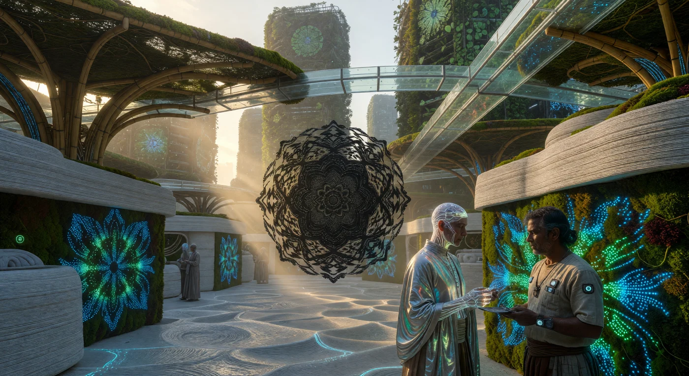 In a bustling Neo-Bengaluru marketplace during the Augmented Dawn (c. 2050–2100 CE), a Bio-Synth and a "Natural" human conduct a trade exchange via bioluminescent pulses emitted by genetically modified *Physcomitrium* moss. This "Rurban" environment showcases the Southern Alliance’s mastery of wetware symbiosis, where information is transmitted through optogenetic light bursts and resource allocation is visualized by a central, shifting ferrofluid sculpture governed by the Mandala Consensus. The scene illustrates a future of total synthesis, featuring 3D-printed calcium carbonate architecture and "Neural Mycelium" integrations that allow for deep emotional and data-driven connectivity.