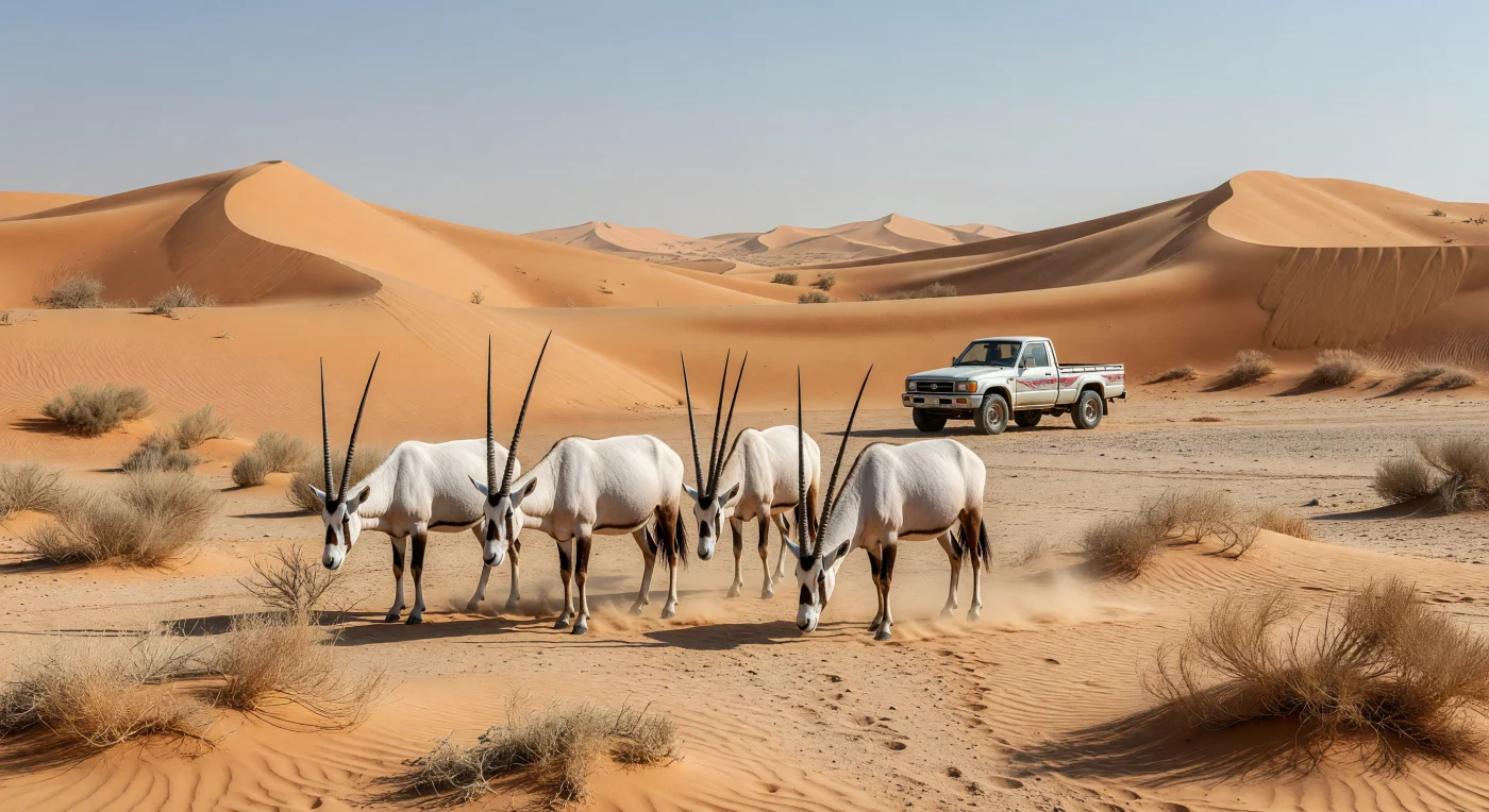 Uma pequena manada de oryx-da-arábia, distinguível por suas pelagens brancas e longos chifres retos, pasta entre arbustos resistentes sob o sol intenso das monumentais dunas alaranjadas do deserto de Rub' al Khali. Ao fundo, uma Toyota Hilux de 1984 simboliza a rápida modernização do Oriente Médio durante a era contemporânea, quando veículos 4x4 substituíram os camelos como os novos "cavalos de carga" do deserto e apoiaram cruciais esforços de conservação. Esta cena da década de 1980 ilustra o delicado equilíbrio entre a preservação da biodiversidade nativa e a transformação socioeconômica trazida pelo boom do petróleo na Península Arábica.