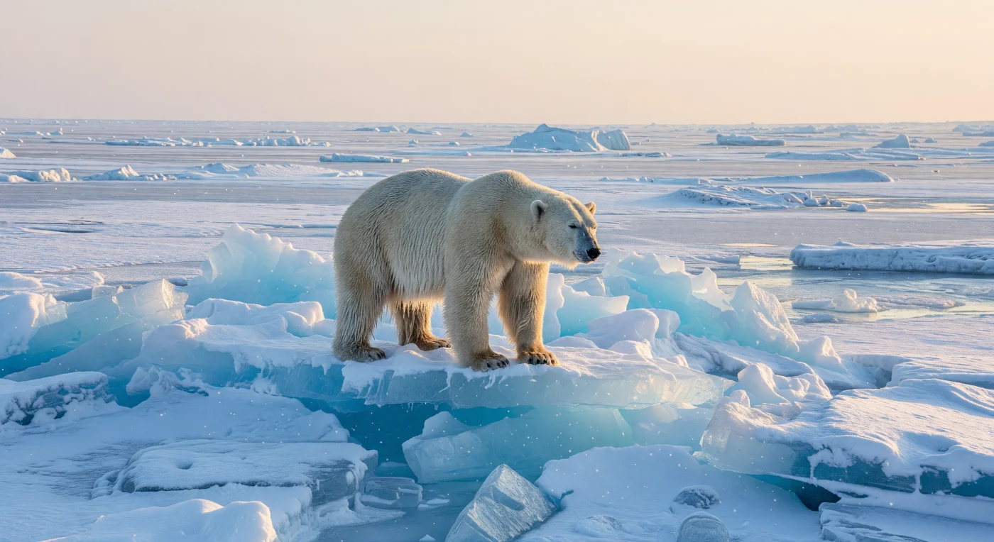 Un robusto oso polar macho atraviesa una cresta de presión de hielo marino azulado bajo la luz etérea del sol de medianoche en el Alto Ártico. Sus enormes patas se aferran a bloques traslúcidos de hielo multianual, mientras su pelaje amarillento brilla con el suave resplandor dorado de un horizonte perpetuo. Esta escena captura la majestuosidad de la región durante las décadas de 1970 y 1980, un periodo en el que el ecosistema ártico permanecía mayormente prístino y las capas de hielo conservaban el espesor histórico necesario para la prosperidad de esta especie emblemática.
