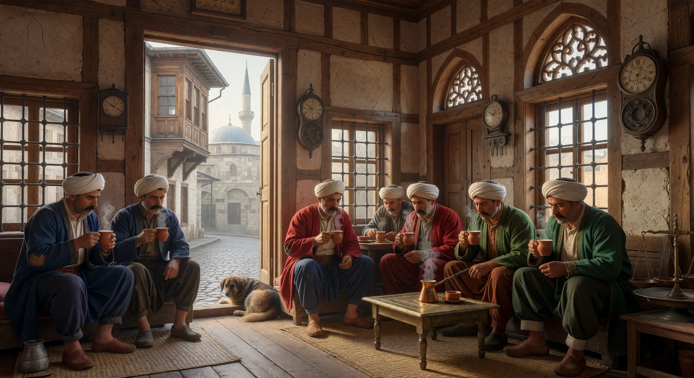 In a sun-drenched Istanbul coffeehouse during the mid-16th century, Ottoman merchants gather to socialize over dark, frothy coffee served in handleless terracotta *fincans*. The interior features the "Hayat" architectural style, characterized by heavy timber frames and mud-brick infill, with a traditional overhanging *cumba* balcony visible on the street outside. These establishments, which first appeared in the capital in 1554, served as essential hubs for news and community life during the height of the Ottoman Golden Age.