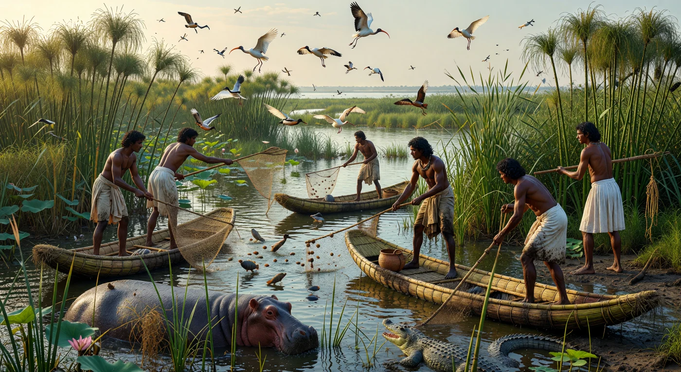 Egyptische vissers en vogelvangers balanceren in smalle skiffs van samengebonden papyrus terwijl zij netten uitwerpen tussen dichte rietkragen van de Nijldelta; boven hen schrikken ibissen en eenden op, terwijl onder het water tilapia, een nijlpaard en een krokodil zichtbaar zijn. Zulke moerasjachten waren in de Bronstijd niet alleen een bron van voedsel, maar ook een vertrouwd motief in Egyptische kunst, vooral in graven uit het Midden- en Nieuwe Rijk, waar zij de rijkdom en levenschenkende kracht van de Nijl verbeeldden. De scène toont hoe nauw het dagelijks leven van Egyptenaren verweven was met dit vruchtbare maar gevaarlijke wetlandslandschap.
