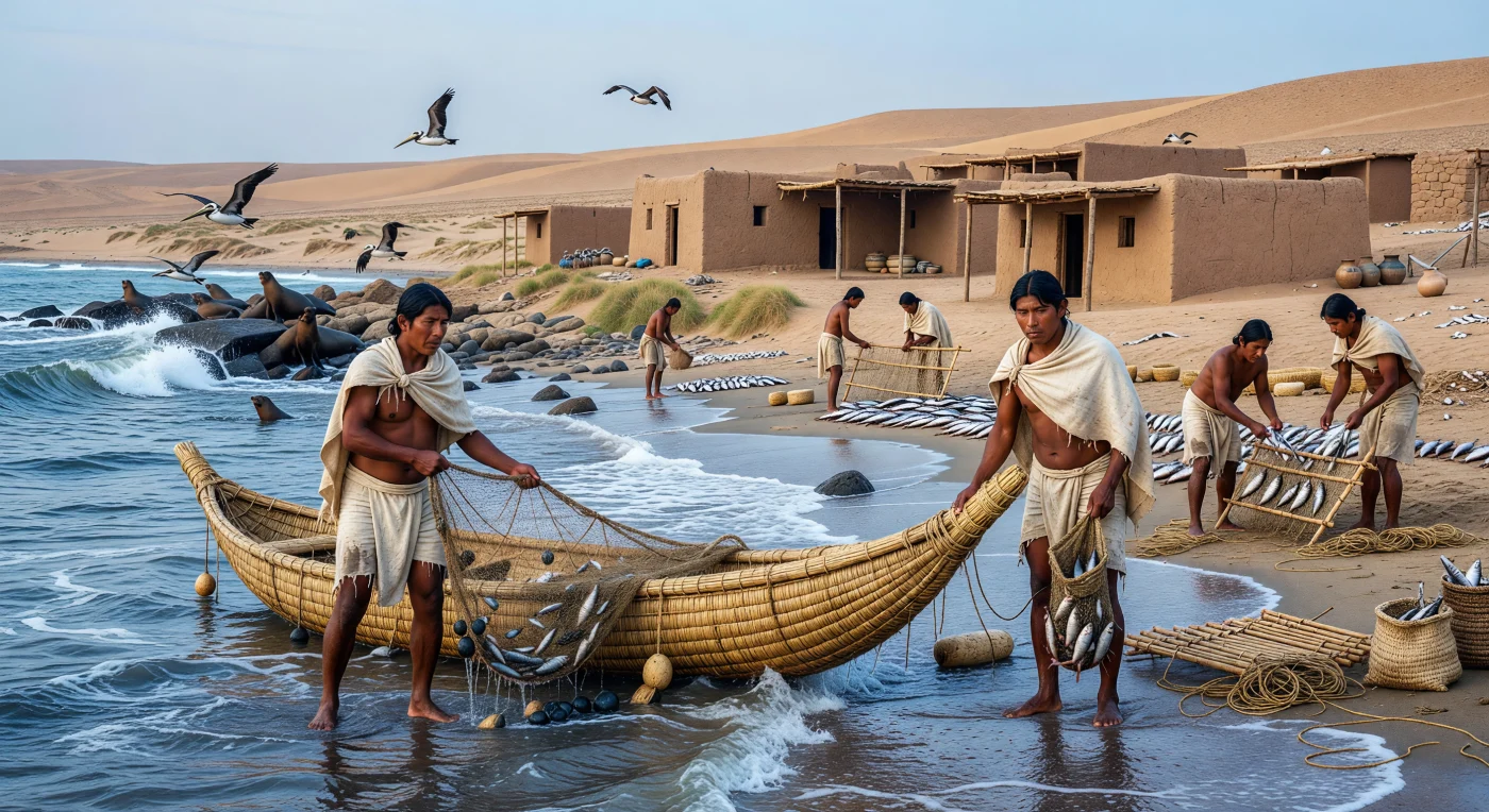 Aan de kille Pacifische kust van het oude Peru trekken twee Andesvissers een met stenen verzwaard net uit de branding naast een smalle boot van samengebonden totorariet, terwijl pelikanen boven hen cirkelen en zeeleeuwen zich op donkere rotsen verdringen. Op het strand drogen rijen vis voor lage rekken en eenvoudige adobegebouwen, een beeld van de maritieme dorpen die tussen ca. 200 v.Chr. en 1 n.Chr. de woestijnkust van Peru bevoorraden. Deze gemeenschappen maakten gebruik van lokaal riet, katoen, kalebassen en aardewerk, lang vóór de Inca’s en zonder paarden, ijzer of zeilen, en tonen hoe belangrijk visserij en kusthandel al vroeg waren in de Andeswereld.