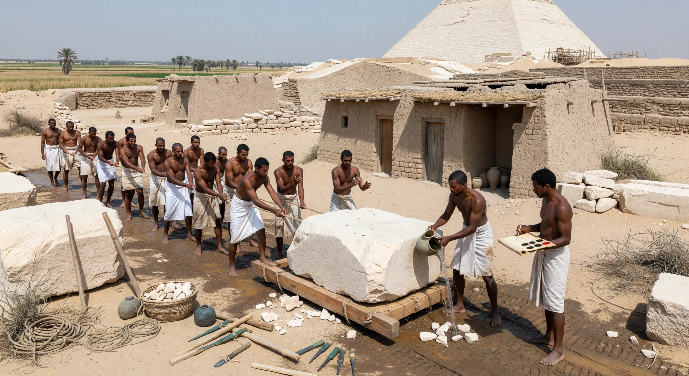 Sous le soleil cru de l’Ancien Empire, des équipes de travailleurs tirent un énorme bloc de calcaire de Tourah sur un lourd traîneau de bois, tandis qu’un homme verse de l’eau sur le sol tassé pour réduire le frottement et qu’un scribe consigne l’opération près des outils de cuivre et des baraquements de brique crue. La scène se déroule près de la nécropole memphite, au temps des grandes pyramides, vers les XXVIe–XXVe siècles av. J.-C., lorsque l’État égyptien mobilisait des ouvriers organisés, nourris et encadrés pour les chantiers royaux. Derrière eux, les mastabas et la masse claire d’une pyramide rappellent que ces monuments colossaux furent bâtis non par un mythe d’esclaves anonymes, mais par une main-d’œuvre spécialisée au service du pouvoir pharaonique.