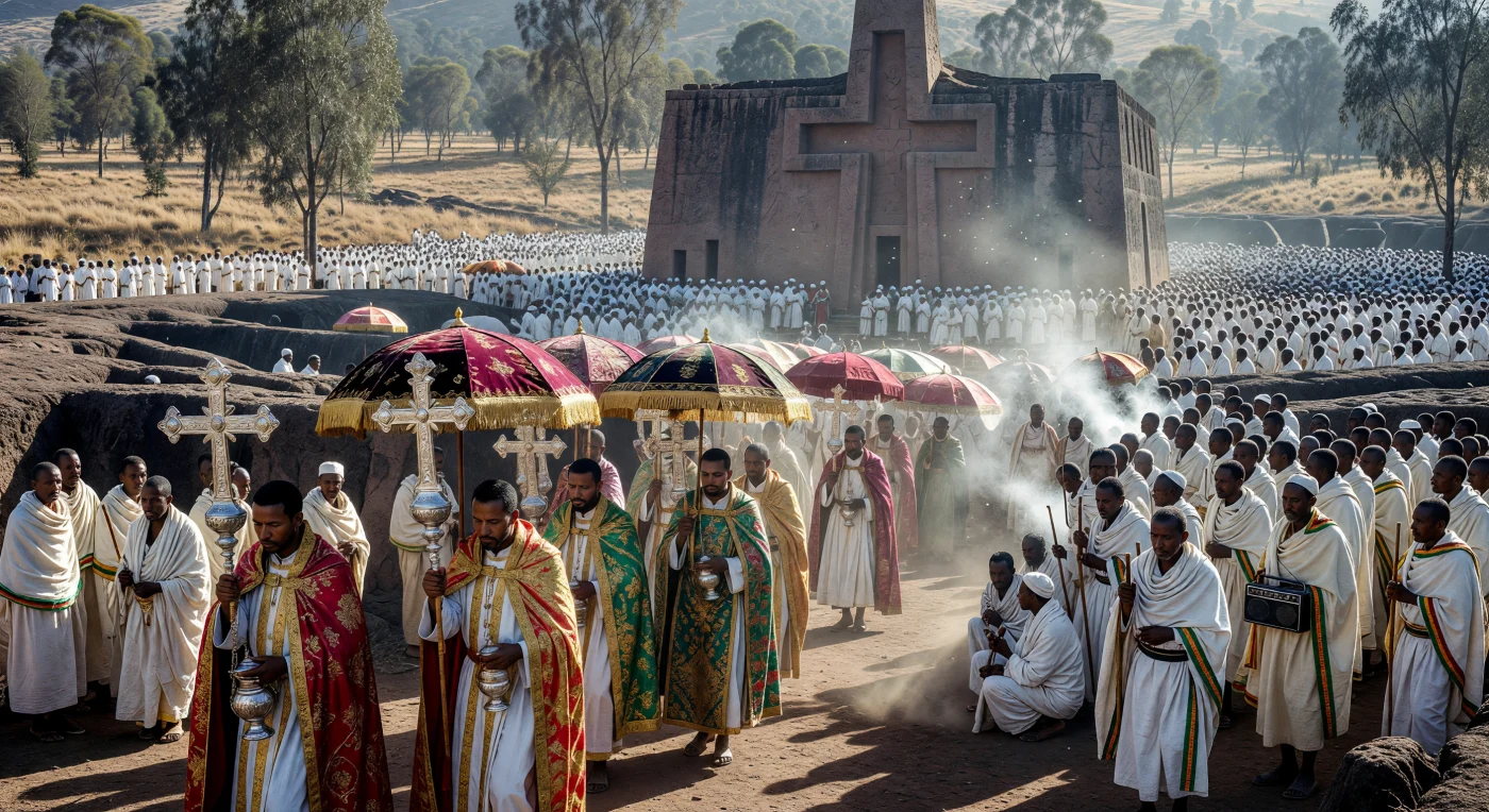 Nesta celebração de Timkat em Lalibela, por volta de 1975, sacerdotes ortodoxos etíopes em vestes de seda bordadas a ouro elevam imponentes cruzes processionais de prata perante uma multidão de peregrinos vestidos com o tradicional *shamma* de algodão branco. Ao fundo, destaca-se a Igreja de São Jorge, uma maravilha monolítica do século XII esculpida diretamente na rocha vulcânica, que serve como epicentro para esta manifestação de fé milenar. A imagem ilustra a resiliência das tradições espirituais da Etiópia durante um período de transição política e social na África contemporânea.