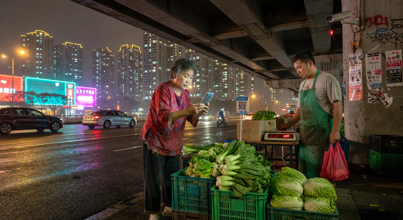 Sous l'ombre d'un viaduc de Shenzhen illuminé par des néons cyan et magenta, une femme âgée scanne un code QR Alipay pour régler l'achat de bok choys frais à un étal de rue. Cette scène illustre la transition fulgurante de l'Asie de l'Est vers une société sans argent liquide durant l'ère numérique, où les technologies de pointe s'intègrent parfaitement aux rituels quotidiens les plus modestes. Ce contraste entre l'infrastructure urbaine massive et la simplicité du commerce de proximité témoigne de la synthèse unique entre hyper-modernité technologique et traditions populaires au cœur des mégapoles chinoises.