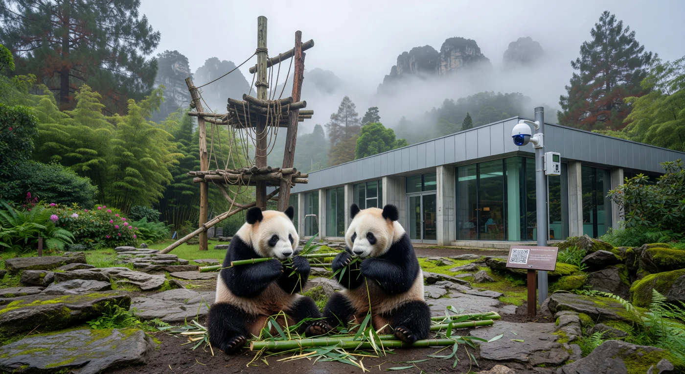 Due panda giganti sgranocchiano steli di bambù tra le rocce calcaree e le nebbie dei monti Qionglai, all'interno di un habitat che fonde armoniosamente natura e tecnologia avanzata. Questo centro di conservazione nel Sichuan, tipico dell'Asia orientale dell'era digitale, integra telecamere 5G e sistemi di monitoraggio ad alta precisione per proteggere la specie simbolo del patrimonio naturale cinese. L'immagine cattura la transizione verso una gestione ambientale scientifica, dove l'architettura moderna in vetro e alluminio si fonde con le foreste ancestrali per garantire la sopravvivenza della fauna selvatica nel XXI secolo.