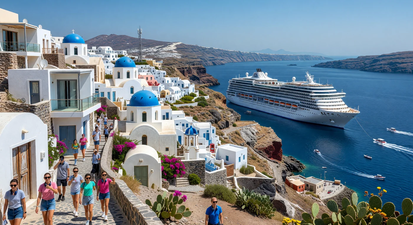 Dominant les eaux azurées de la caldeira, un immense paquebot de croisière souligne le contraste saisissant entre l'architecture cycladique traditionnelle de Santorin et l'essor du tourisme de masse au milieu des années 2010. Cette scène illustre l'ère numérique, période où des voyageurs équipés de téléphones intelligents et de vêtements issus de la « mode éphémère » parcourent des sentiers millénaires désormais intégrés aux réseaux de l'hypermobilité mondiale. L'image capture ainsi une époque charnière où la préservation du patrimoine européen se heurte à l'empreinte technologique et environnementale monumentale du début du XXIe siècle.