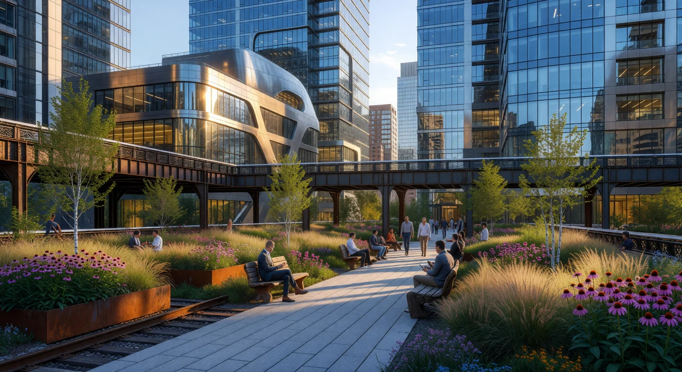 Cette vue cinématique de la High Line à New York illustre la fusion harmonieuse entre le patrimoine industriel et l'architecture paramétrique de l'ère numérique, mettant en scène les jardins naturalistes de Piet Oudolf et les courbes futuristes en acier inoxydable signées Zaha Hadid. Ce parc linéaire suspendu, aménagé sur une ancienne voie ferrée, incarne le virage du XXIe siècle vers l'urbanisme durable et la revitalisation des infrastructures par le design de pointe. Sous la lumière dorée du crépuscule, les textures d'acier Corten oxydé et le verre intelligent des tours environnantes témoignent de la métamorphose technologique et esthétique du quartier de Chelsea.