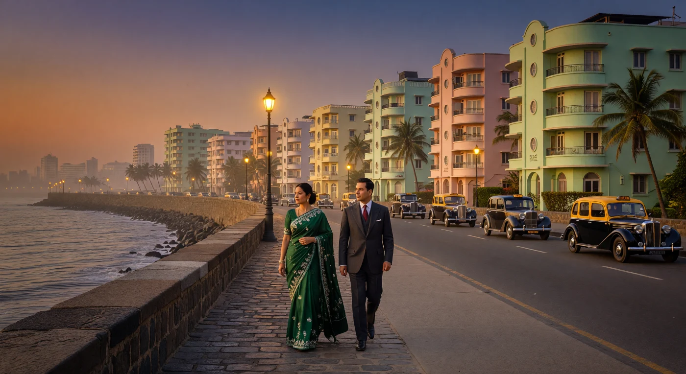 In the late 1930s, Bombay’s Marine Drive emerged as a premier showcase for Streamline Moderne architecture, earning the nickname the "Queen’s Necklace" for its curved, illuminated promenade. This evening scene captures the cosmopolitan elite of the British Raj, specifically a Parsi family whose attire blends Western tailoring with traditional Chinese-influenced Gara embroidery. The presence of black-and-yellow Austin taxis and sleek concrete apartments reflects the rapid modernization and unique cultural synthesis defining urban India on the eve of World War II.