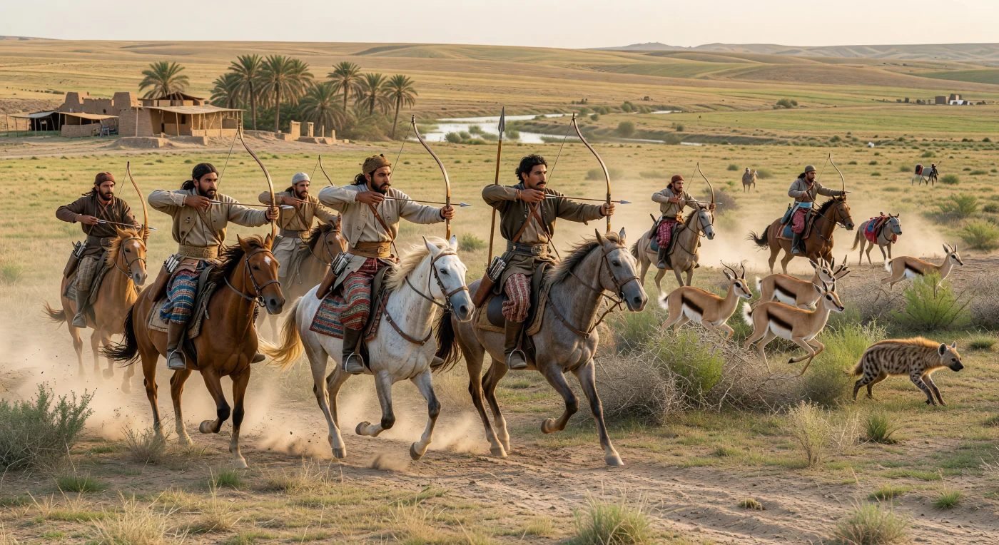 Op deze uitgestrekte, geelbruine steppe aan de Mesopotamisch-Iraanse grens jagen Parthische edelen te paard op gazellen, terwijl één ruiter zich in volle galop omdraait om met een samengestelde boog achterwaarts te schieten — de beroemde “Parthische schot”-houding. Hun nauwsluitende broeken met patronen, gordeltunieken, vilten mutsen en lichte zadels zonder stijgbeugels weerspiegelen de ruitercultuur van het Arsacidische rijk in de 1e eeuw v.Chr., waar aristocratische macht nauw verbonden was met paarden, jacht en boogschieten. De scène toont niet alleen een jacht, maar ook de militaire vaardigheden waarmee de Parthen uitgroeiden tot een van de grote machten van het oude Nabije Oosten.