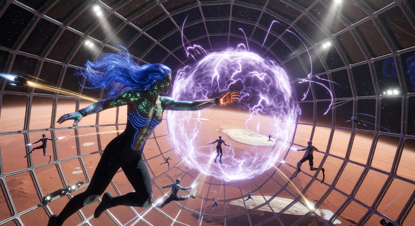 Esta escena captura un encuentro de Vector-Ball durante el Alba Aumentada (2050-2100), una era de transición donde la morfología humana se adaptó radicalmente a la vida orbital mediante la integración de biotecnología y materiales sintéticos. El atleta central, un espécimen de la élite "Hyper-Linked", utiliza extremidades de fibra de carbono e injertos fotosintéticos para manipular un núcleo de plasma violeta dentro de una esfera de alúmina transparente sobre el horizonte marciano. Esta simbiosis tecnológica, que incluye indumentaria de micoseda y cabello de fibra óptica, ilustra la divergencia evolutiva de nuestra especie hacia una existencia post-planetaria y asimétrica.
