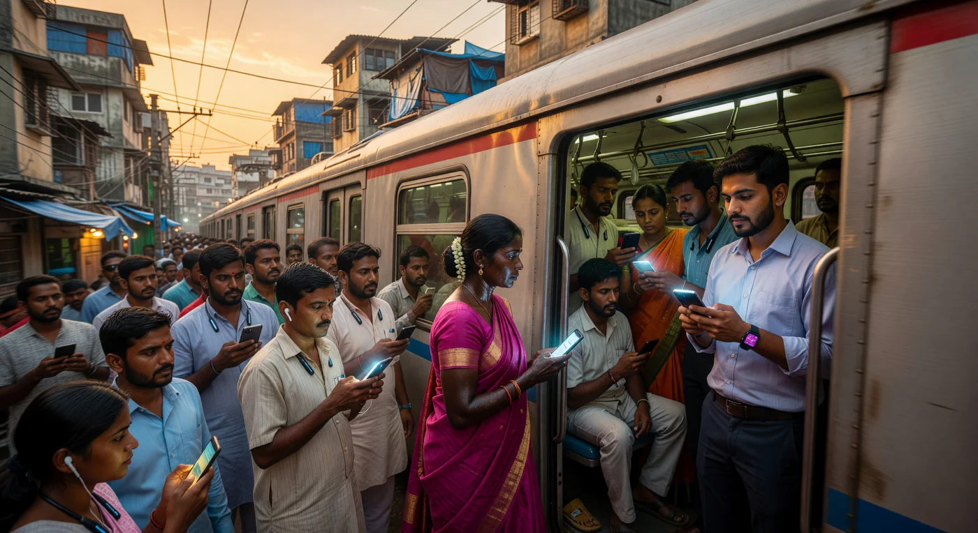 Multitudes de trabajadores en el sur de Asia se agolpan en los vagones abiertos de un tren suburbano durante el bullicio del atardecer, reflejando el contraste visual entre los saris de seda tradicionales y la vestimenta corporativa moderna. Mientras el paisaje urbano se desvanece con el movimiento, el brillo etéreo de las pantallas móviles ilumina los rostros de los viajeros, evidenciando la profunda integración de la tecnología digital en la vida cotidiana de la región hacia el año 2023. Esta escena captura la energía cinética y la densa realidad demográfica de una sociedad que navega entre la infraestructura de la era industrial y la hiperconectividad del siglo XXI.