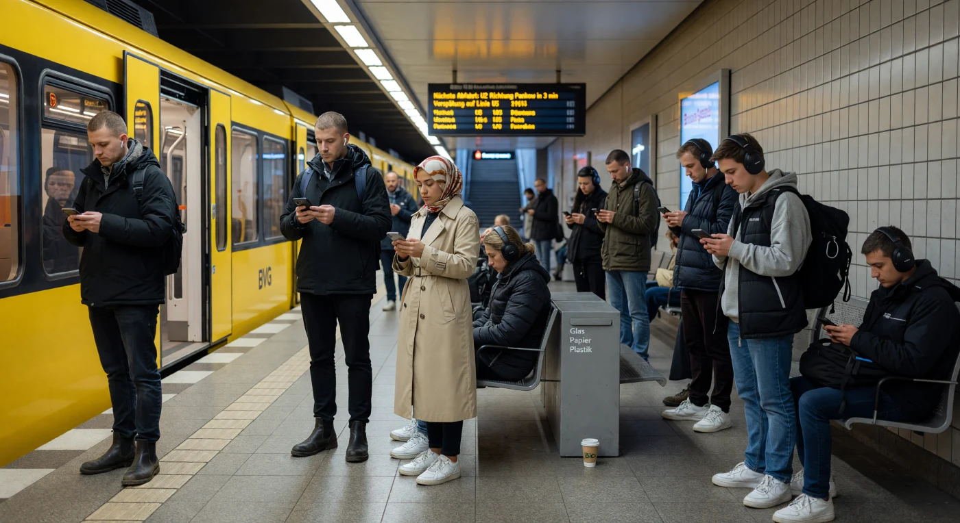 Passageiros de diversas origens aguardam em uma plataforma de concreto na estação de U-Bahn em Berlim, cercados pelo brilho icônico de um trem amarelo da classe IK e painéis digitais de informação em tempo real. A cena ilustra o auge da Era Digital no início da década de 2020, período em que o uso onipresente de smartphones e fones de ouvido sem fio consolidou a transição para uma sociedade hiperconectada e individualizada no espaço público. Através de vestimentas técnicas e materiais sintéticos, a imagem captura a rotina urbana europeia marcada pela diversidade demográfica e pela integração da infraestrutura de alta tecnologia no cotidiano metropolitano.