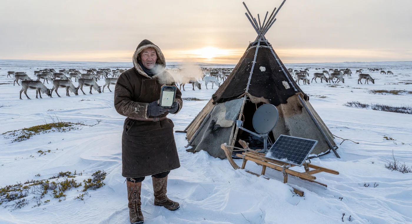 Un pastor nenets, ataviado con una *malitsa* tradicional de piel de reno, consulta un teléfono inteligente de alta resistencia frente a su *chum*, donde un panel solar y una antena satelital contrastan con la arquitectura milenaria de la tundra siberiana. Esta imagen de la península de Yamal a principios de la década de 2020 captura el fenómeno del "nomadismo digital", evidenciando cómo los pueblos indígenas de Asia septentrional han integrado el GPS y las telecomunicaciones globales para gestionar sus rebaños en un entorno extremo. Bajo la gélida luz del Ártico, la escena ilustra una síntesis única entre la tecnología del siglo XXI y la asombrosa capacidad de adaptación de las culturas nómadas frente a la modernidad.