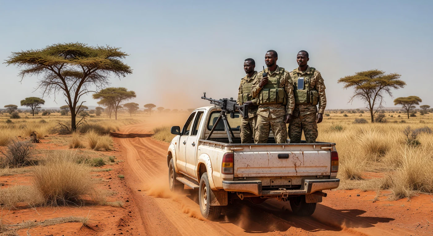 Des soldats ouest-africains en tenue de camouflage numérique patrouillent l'immensité du Sahel à bord d'un « technical », un pick-up Toyota Hilux armé d'une mitrailleuse lourde DShK. Sous un ciel voilé par la poussière de l'Harmattan, le véhicule traverse une piste de terre rouge, illustrant la vigilance constante des forces de sécurité dans la zone du G5 Sahel au début des années 2020. Cette image témoigne des contrastes de l'ère numérique africaine, où l'ingéniosité matérielle et les opérations tactiques se mêlent à l'usage universel du smartphone, symbole du saut technologique du continent.