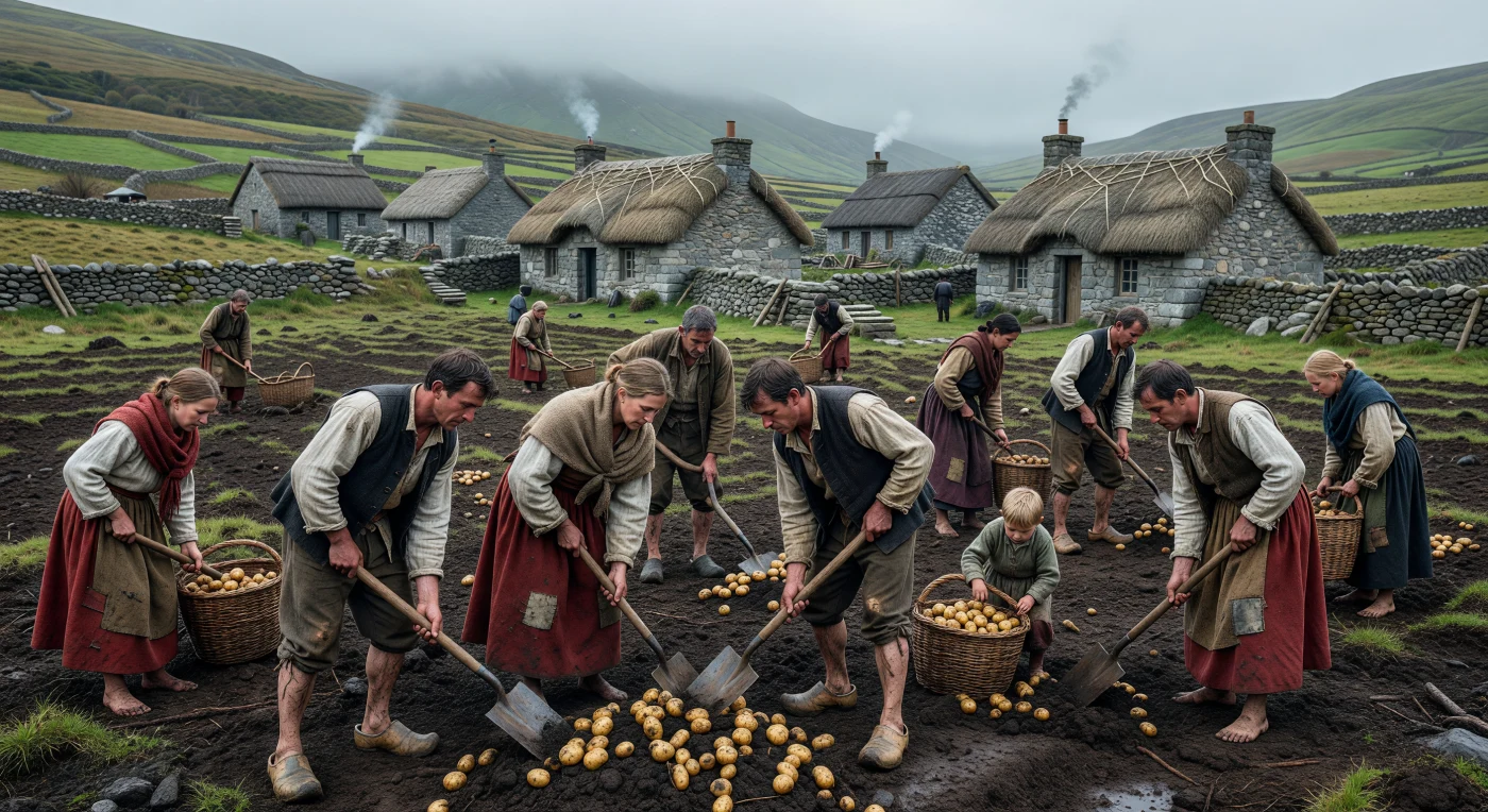 In this scene from the West of Ireland circa 1840, peasant families are depicted harvesting the Lumper potato, the primary subsistence crop prior to the onset of the Great Famine in 1845. Laborers use traditional iron "loy" spades to work the "lazy bed" furrows, dressed in heavy, hand-patched frieze wool and coarse linens suited for the damp Atlantic climate. The background illustrates a "clachan," a traditional settlement of dry-stone cottages with thatched roofs weighted against the wind, reflecting the communal social structure and precarious reality of the 19th-century Irish tenant class.