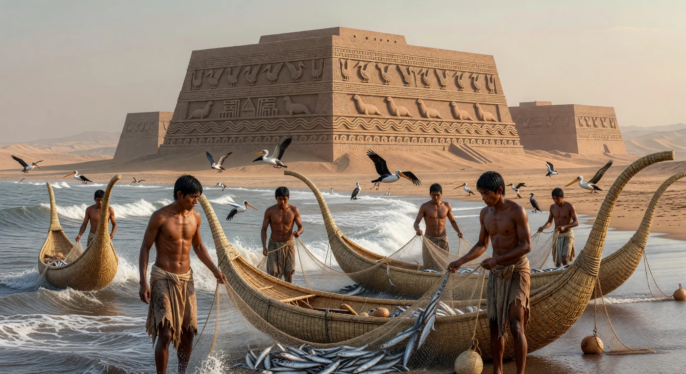 Sur la côte aride du Pérou, des pêcheurs du royaume de Chimor manœuvrent leurs *caballitos de totora*, des embarcations traditionnelles en roseau, à travers les vagues du Pacifique pour ramener leurs filets chargés d'anchois. En arrière-plan s'élèvent les imposantes murailles d'adobe de Chan Chan, la capitale impériale, dont les bas-reliefs représentant des vagues et des oiseaux marins témoignent de la profonde connexion de cette civilisation avec l'océan. Cette scène illustre l'apogée de la culture Chimú entre l'an 1000 et 1300, une période où l'ingénierie maritime et l'architecture monumentale en terre crue s'unissaient pour dominer le désert côtier.