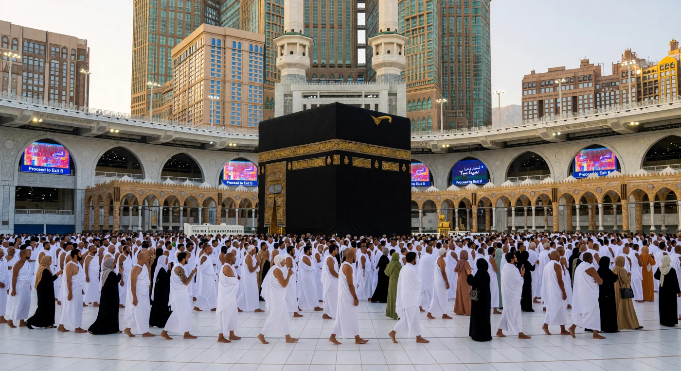 Migliaia di pellegrini avvolti in bianche vesti di *ihram* compiono il rito del *Tawaf* attorno alla Kaaba, la cui seta nera ricamata d’oro risplende sotto la luce dorata del tramonto sul marmo di Thassos. La scena illustra la simbiosi tra l'antica devozione e l'iper-modernità dell'era digitale, evidenziata da grandi schermi LED per la gestione dei flussi e dall'imponente profilo della torre Abraj Al-Bait che sovrasta il complesso sacro. Questa fusione architettonica e tecnologica riflette la trasformazione del Medio Oriente del XXI secolo, dove la tradizione millenaria si adatta alle dinamiche di una società globale e iper-connessa.