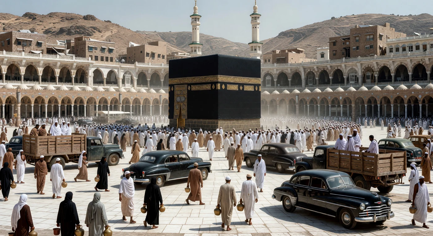 Questa veduta della Grande Moschea della Mecca nei primi anni '40 ritrae i fedeli avvolti nel candido *ihram* mentre circondano la Kaaba, incorniciati dai portici di epoca ottomana e dalle aspre colline dell'Hejaz. L'accostamento tra l'antico rito del *Tawaf* e la presenza di berline americane Chevrolet e Buick riflette la transizione della regione verso la modernità durante gli anni della Seconda Guerra Mondiale. È una testimonianza vivida di un'era in cui la tecnologia motorizzata iniziava a integrare le tradizioni secolari, trasformando l'esperienza del pellegrinaggio in un Medio Oriente in rapido mutamento.