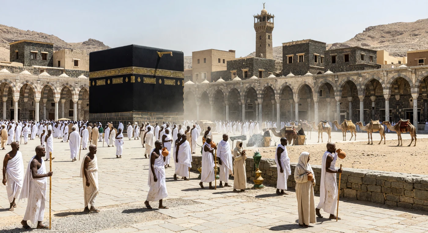 Sotto il sole cocente del XII secolo, una moltitudine cosmopolita di pellegrini avvolti nel candido *ihram* compie il rito del *tawaf* attorno alla Kaaba, drappeggiata in seta nera e calligrafia dorata. L'immagine illustra la vivace diversità dell'era ayyubide, mostrando fedeli provenienti dall'Africa occidentale fino all'Anatolia tra colonnati di marmo e le antiche case in basalto della Mecca. Priva di infrastrutture moderne, questa scena evoca l'intensità spirituale e la sfida fisica del pellegrinaggio medievale, dove il calore opprimente e la polvere del deserto definivano l'esperienza sacra del fedele.
