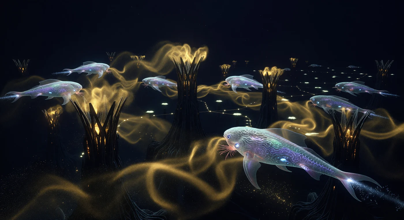 In the sub-glacial oceans of Europa during the Galactic Age (c. 5000–20,000 CE), the post-biological Pellucid civilization maintains vast nutrient harvesting operations within the moon’s pressurized, 2°C brine. This scene depicts a ten-meter-long Pellucid gliding through a "Nutrient Mist"—a golden, organic compound released by massive agricultural vents constructed from carbon nanotubes. These translucent entities utilize synthetic branchial gills to filter minerals while their internal graphene neural meshes and bioluminescent chromatophores facilitate high-bandwidth communication across the silent, midnight depths of the Jovian corridor.