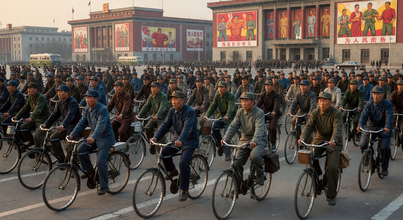 Tausende Arbeiter in indigoblauen und olivgrünen Zhongshan-Anzügen strömen wie ein Fluss aus Stahl auf ihren „Fliegende Taube“-Fahrrädern über die Pekinger Chang’an-Allee am Tian’anmen-Platz. Diese Szene aus den 1970er Jahren dokumentiert die Blütezeit des „Königreichs der Fahrräder“, einer Ära, in der private Kraftfahrzeuge nahezu unbekannt waren und das Stadtbild von sozialistisch-realistischer Architektur sowie handgemalten Propagandaplakaten dominiert wurde. Die rhythmische Bewegung der Massen verdeutlicht die kollektive Mobilität und den industriellen Alltag im maoistischen China vor dem Einsetzen der großen wirtschaftlichen Reformen.