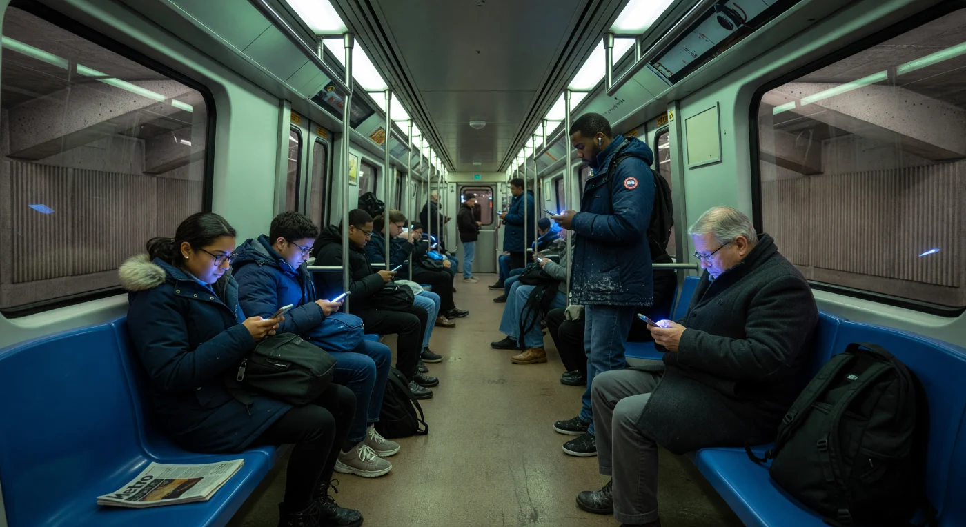 Passeggeri assorti siedono sui caratteristici sedili blu di un vagone MR-73 della metropolitana di Montréal, circondati dalle iconiche pareti in cemento grezzo di una stazione brutalista. L'immagine cattura il "ciclo dello schermo" tipico della metà degli anni 2020, periodo in cui la connettività digitale onnipresente si manifestava nella postura china dei pendolari e nel bagliore freddo degli smartphone. Tra parka tecnici segnati dal sale invernale e auricolari wireless, la scena illustra il vibrante mosaico multiculturale del Québec, sospeso tra l'eredità infrastrutturale del XX secolo e l'isolamento sociale paradossale dell'era digitale.
