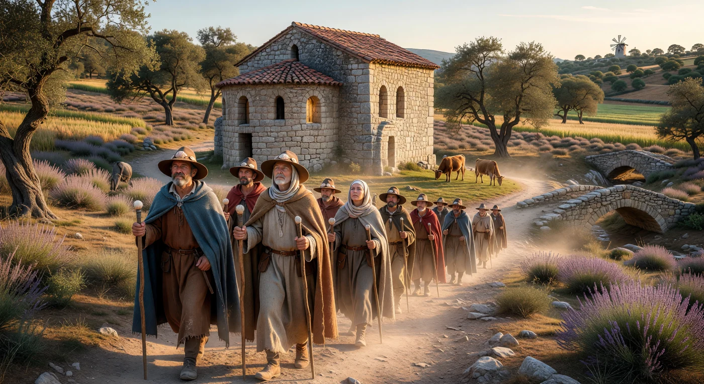 Un grupo de peregrinos del siglo XII, ataviados con capas de lana basta y sombreros de ala ancha adornados con conchas de vieira, recorre un sendero polvoriento en las estribaciones de los Pirineos. A su paso destaca una pequeña capilla románica de gruesos muros de sillería y arcos de medio punto, cuya austera estructura servía de refugio espiritual y arquitectónico en la ruta hacia Santiago de Compostela. Apoyados en sus bordones de madera, sus rostros curtidos por el sol reflejan tanto el agotamiento físico como el fervor devocional que caracterizaron las grandes migraciones religiosas de la Plena Edad Media.
