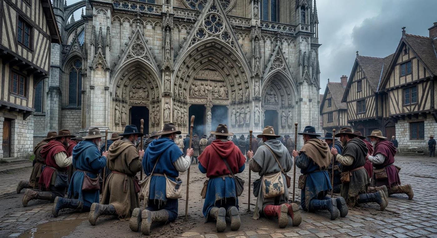 Peregrinos do século XV, trajando mantos de lã rústica e ostentando insígnias de devoção, ajoelham-se diante do imponente portal de uma catedral em estilo gótico flamejante no norte da França. A arquitetura de calcário, marcada por rendilhados complexos e contrafortes que se elevam sob o céu carregado da Pequena Idade do Gelo, exemplifica o auge da sofisticação técnica medieval e a onipresença da Igreja na vida urbana. Esta cena captura a essência das grandes jornadas espirituais do final da Idade Média, um período de transição onde a busca pela redenção oferecia consolo e propósito diante das incertezas de um mundo em profunda transformação.