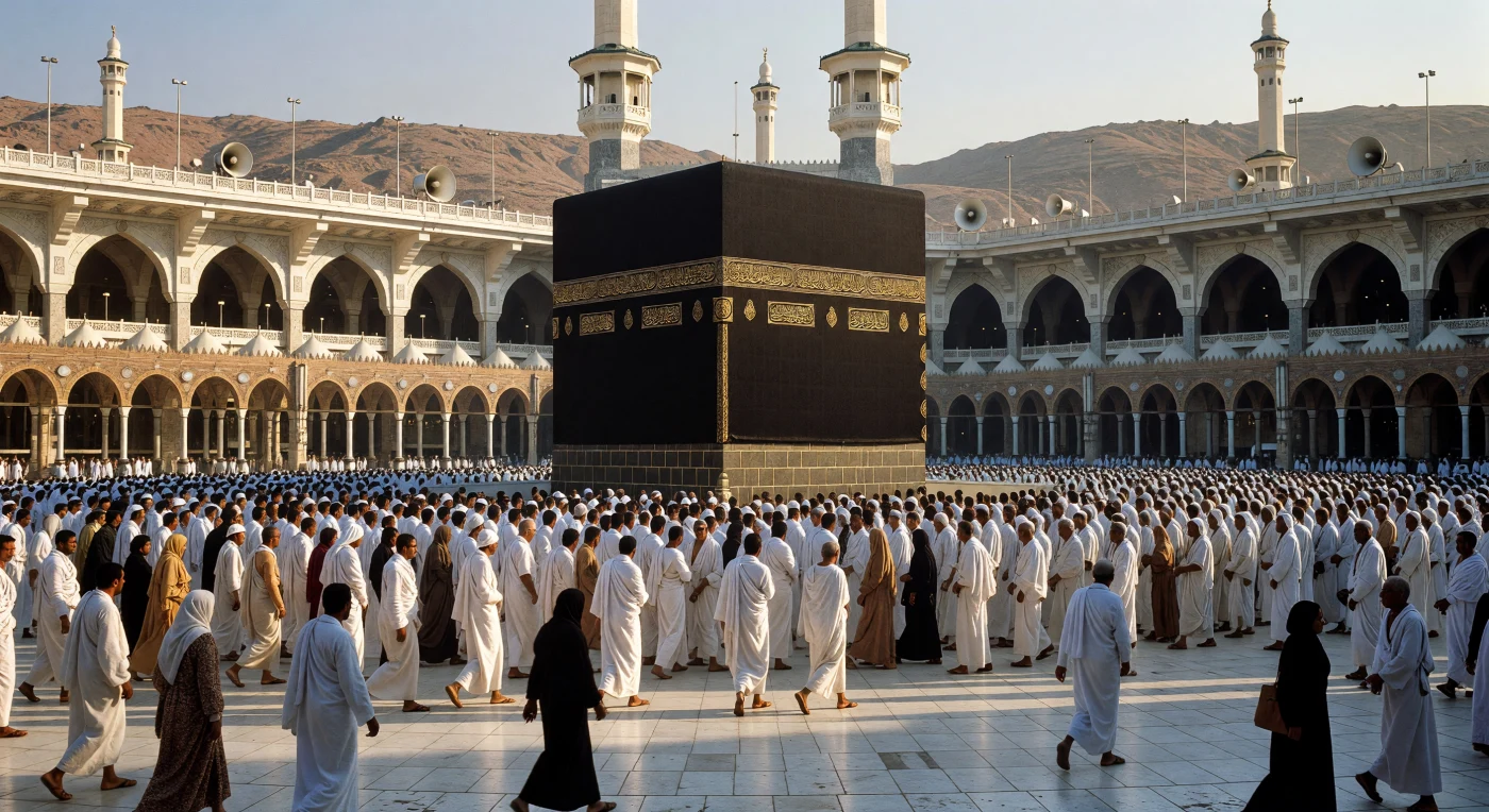 Una multitud de fieles, ataviados con el inmaculado *ihram* blanco, realiza el *Tawaf* alrededor de la Kaaba en esta vista de la Mezquita al-Haram a finales de la década de 1970. La escena ilustra la intersección entre la devoción milenaria y la modernización de la era contemporánea, destacada por la expansión de arcos de hormigón y la incorporación de altavoces industriales en los minaretes para la llamada a la oración. Bajo la cálida luz que se refleja en el mármol pulido, el paisaje conserva la silueta de las colinas áridas de La Meca, capturando un momento previo a la transformación urbana masiva que definiría el horizonte de la ciudad en el siglo XXI.