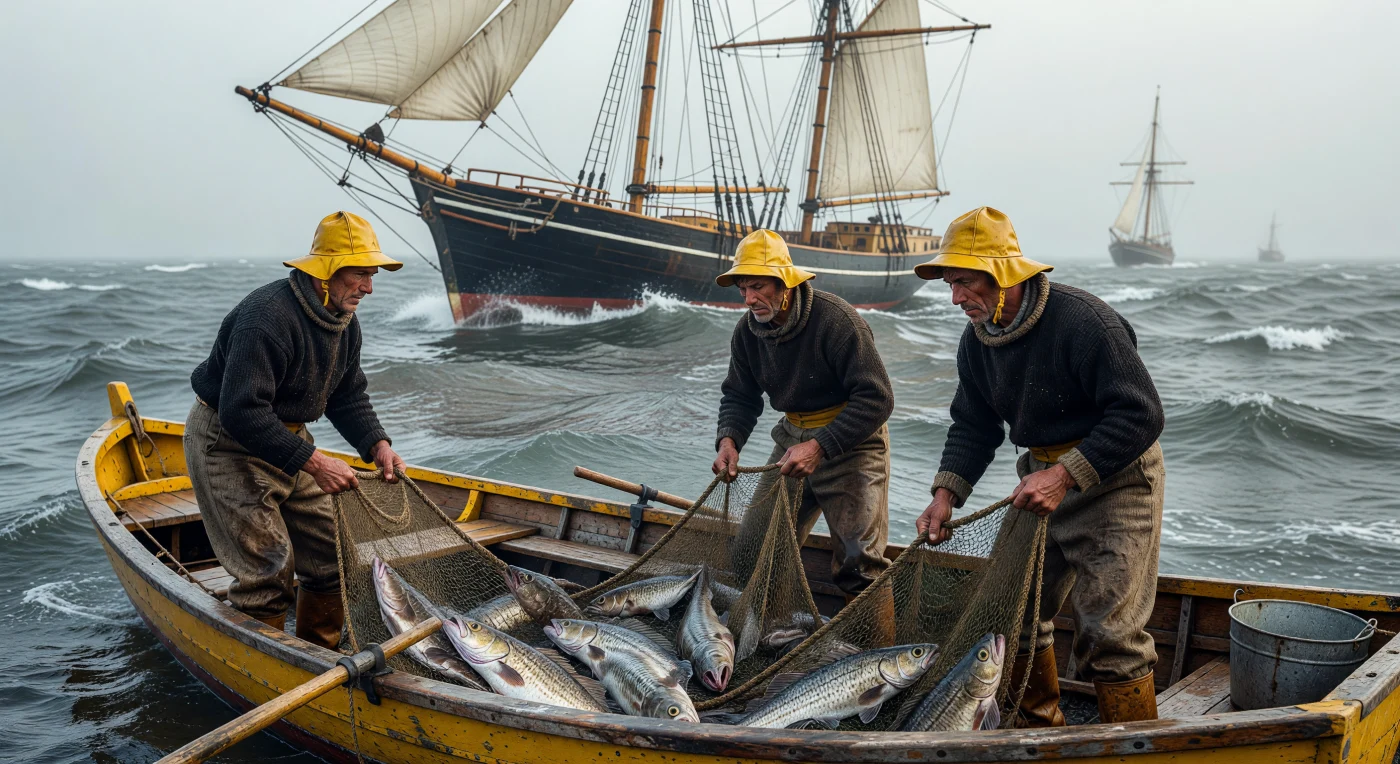 En las gélidas aguas de los Grandes Bancos de Terranova hacia 1935, pescadores de ascendencia acadiana y canadiense desafían el oleaje para izar pesadas redes de bacalao atlántico a bordo de un dory de madera. Esta escena captura la transición entre las eras de la vela y el motor, destacando la labor extenuante de una industria vital para la subsistencia de las comunidades costeras durante la Gran Depresión y el periodo de entreguerras. Ataviados con tradicionales sombreros de lona encerada y jerséis de lana, estos hombres representan la resistencia física y el aislamiento de una flota que dependía exclusivamente de herramientas manuales y la pericia marinera frente a un mar implacable.