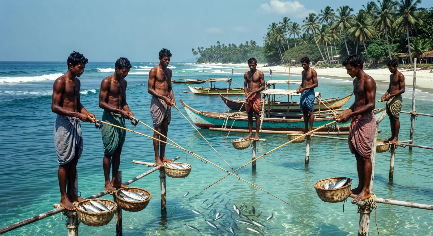 Pescadores cingaleses equilibram-se precariamente em postes de madeira tradicionais, conhecidos como *ritipanna*, enquanto lançam suas varas de bambu nas águas azul-turquesa de Weligama, no Ceilão (atual Sri Lanka), em meados da década de 1960. Vestindo lungis de algodão e utilizando cestos de vime para guardar a captura, esses homens praticam uma técnica de pesca artesanal única que se consolidou na costa sul da ilha após a Segunda Guerra Mundial para enfrentar a escassez de recursos. A cena, composta por canoas *oruwa* e densos palmeirais ao fundo, ilustra a persistência das tradições locais e a profunda conexão da comunidade com o ritmo e a biodiversidade do Oceano Índico.