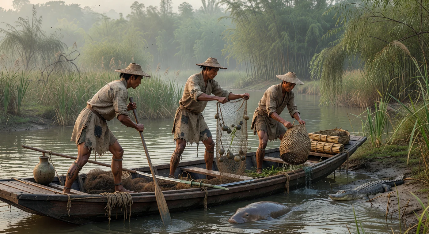 Numa madrugada enevoada dos pântanos do baixo Yangzi, três pescadores de Yue avançam num barco estreito de madeira entre caniçais e arroz selvagem, erguendo redes de fibra vegetal e cestos-armadilha enquanto um boto-sem-barbatana rompe a superfície e um jacaré-chinês espreita junto à margem lodosa. A cena evoca o mundo meridional de Yue no fim do período das Primaveras e Outonos, cerca de 550–500 a.C., quando comunidades ribeirinhas do sudeste da China viviam intimamente ligadas às águas, à pesca e aos arrozais húmidos. As suas túnicas curtas de cânhamo, chapéus de junco e embarcação atada sem pregos metálicos refletem tecnologias práticas de zonas húmidas, enquanto uma espada de bronze e tiras de bambu no barco sugerem os contactos de Yue com a cultura política mais ampla da esfera Zhou.