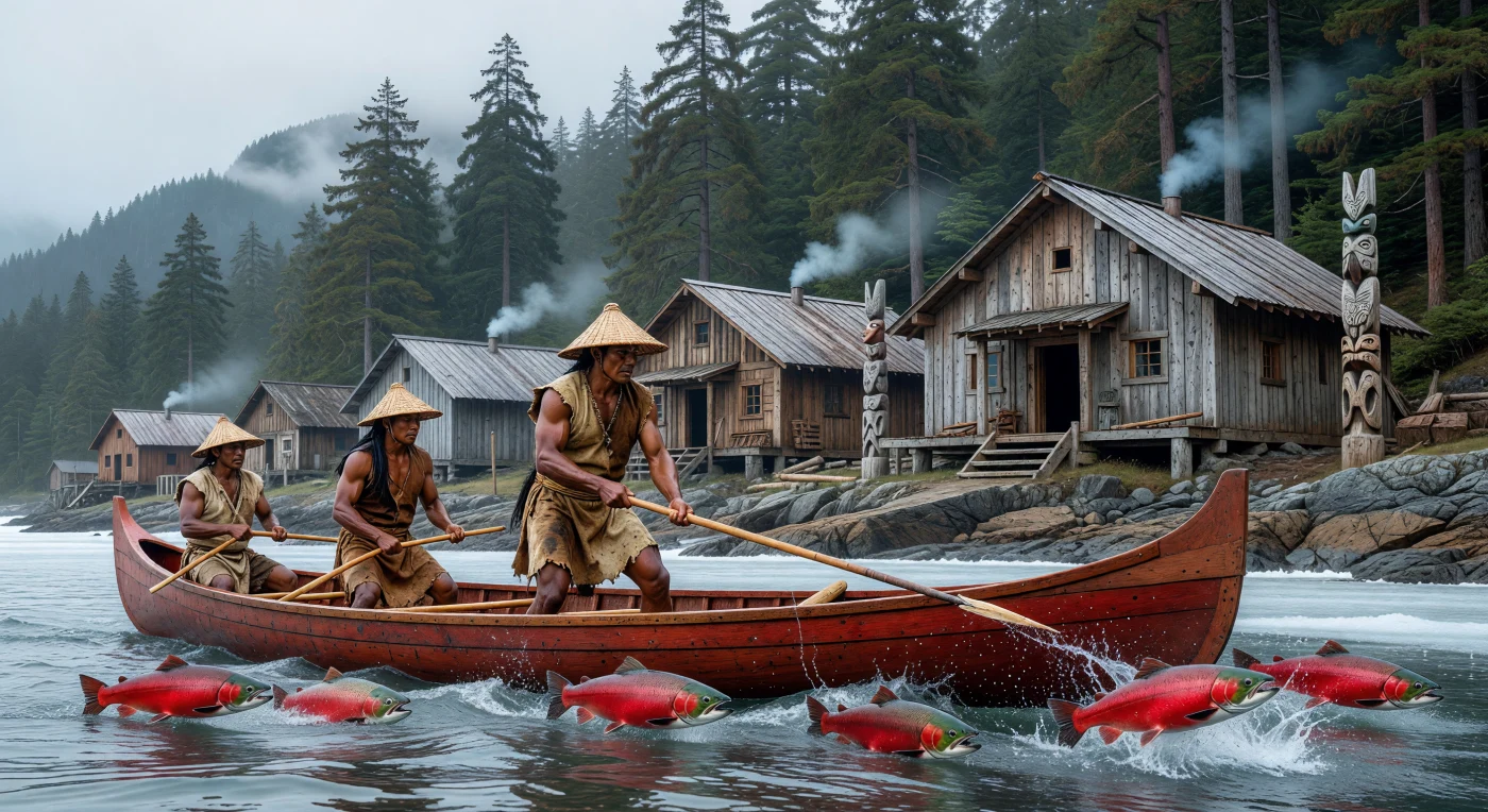 Lungo le coste del Pacifico nord-occidentale intorno all'800 d.C., pescatori indigeni a bordo di canoe in assi di cedro utilizzano arpioni con punte d'osso per catturare i salmoni Sockeye durante la loro migrazione stagionale. Questa attività vitale sosteneva villaggi stabili composti da imponenti case comuni, i cui ingressi erano già decorati da pali scolpiti con motivi ancestrali di animali totemici come il corvo e l'orca. L'uso sapiente della corteccia di cedro intrecciata per l'abbigliamento e la maestria nella lavorazione del legno testimoniano una cultura complessa e prospera, profondamente integrata nel ricco ecosistema della foresta pluviale temperata.