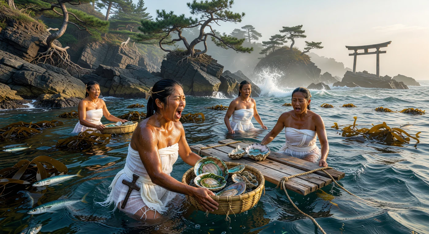 Sulla frastagliata costa di Ise-Shima nel IX secolo, le pescatrici *Ama* riemergono dalle gelide acque del Pacifico stringendo cesti di bambù ricolmi di pregiati abaloni e ostriche perlifere. Queste donne del periodo Heian, vestite con semplici tuniche di lino bianco chiamate *isogi*, praticavano la pesca in apnea senza alcuna protezione moderna, affidandosi esclusivamente a strumenti in ferro forgiato e alla propria straordinaria resistenza fisica. Sullo sfondo, un solitario portale *torii* di cipresso consacra il paesaggio, riflettendo la natura sacra di un mestiere millenario che ancora oggi simboleggia il profondo legame spirituale del popolo Yamato con l'oceano.
