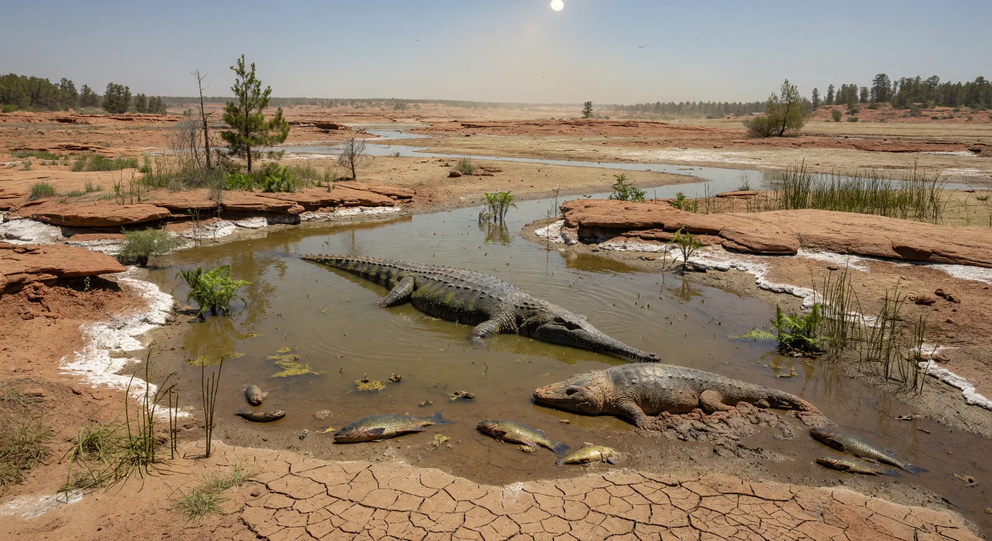 In the late Triassic, about 220–210 million years ago, seasonal droughts could reduce rivers in southwestern North America to shrinking, stagnant waterholes like this one. Dominating the pool is the phytosaur Machaeroprosopus, a crocodile-shaped archosaur with nostrils set high on its snout, while a stranded Koskinonodon temnospondyl and dying semionotiform fishes reveal the harsh toll of desiccation in Laurasia’s arid monsoonal interior. Sparse horsetails, ferns, conifers, cycads, and bennettitalean seed plants cling to the damp margins, reflecting a world long before grasses or flowering plants appeared.
