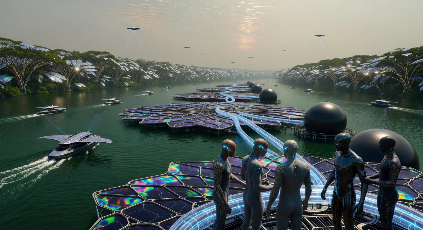 Nel 2088, durante l'era dell'Alba Potenziata, il bacino del Congo divenne il fulcro della rete energetica "Solar Arc", ospitando colossali piattaforme biomimetiche per l’estrazione dell’idrogeno alimentate da fasci di microonde provenienti dalle stazioni orbitali *Helios*. In questa sezione del fiume, umani "Aumentati" dotati di interfacce neurali *Nyansapo* e "Sintetici" dal telaio biomimetico coordinano la raccolta energetica tra condotti al plasma e navi a ricezione wireless. Sullo sfondo, la Grande Muraglia Verde 2.0 svetta con foreste bio-ingegnerizzate dalle foglie metalliche, segnando un’epoca di profonda simbiosi tecnologica in cui l’umanità ha raggiunto il grado 0.85 sulla scala di Kardashev, rigenerando il cuore ecologico dell'Africa.