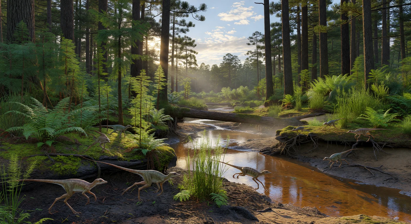 In questa foresta polare dell’Australia sud-orientale, lungo un ruscello color ambra tra felci, equiseti e alti podocarpi e araucarie, piccoli ornitopodi come Leaellynasaura amicagraphica e Qantassaurus intrepidus sfrecciano agili nel sottobosco umido. La scena risale al tardo Cretaceo inferiore, circa 113–105 milioni di anni fa, quando la regione di Otway–Gippsland si trovava a elevate latitudini australi e sperimentava lunghi giorni estivi illuminati da un sole basso sull’orizzonte, ma senza calotte glaciali permanenti. Questi dinosauri erbivori, lunghi appena 1–2 metri e dotati di grandi occhi e corpi leggeri, mostrano come i dinosauri potessero prosperare anche in ecosistemi freschi e stagionali, molto diversi dall’immagine classica di un mondo cretacico sempre caldo e tropicale.
