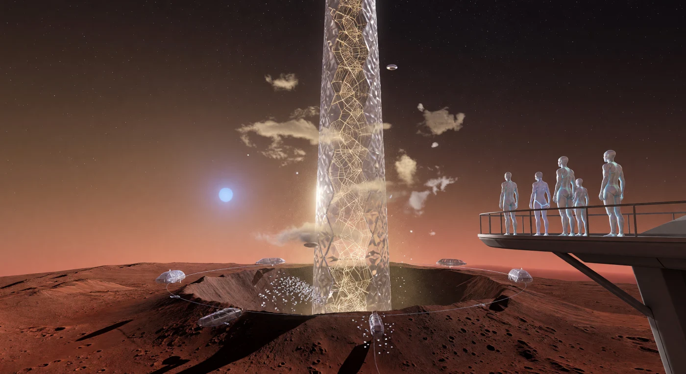 Ubicado en la caldera del Olympus Mons, el Pilar del Recuerdo se eleva 25 kilómetros como un santuario de diamante sintético que preserva el patrimonio biológico de la antigua Tierra. Durante la era del Amanecer Interestelar (3000–5000 d.C.), esta megaestructura fue diseñada para albergar las secuencias genéticas de miles de especies terrestres extintas, grabadas en filamentos dorados que brillan bajo el tenue sol marciano. En este entorno de baja gravedad, observadores post-humanos contemplan el archivo, uniendo el pasado evolutivo de nuestro planeta de origen con el futuro de una civilización que ha trascendido los límites del sistema solar.